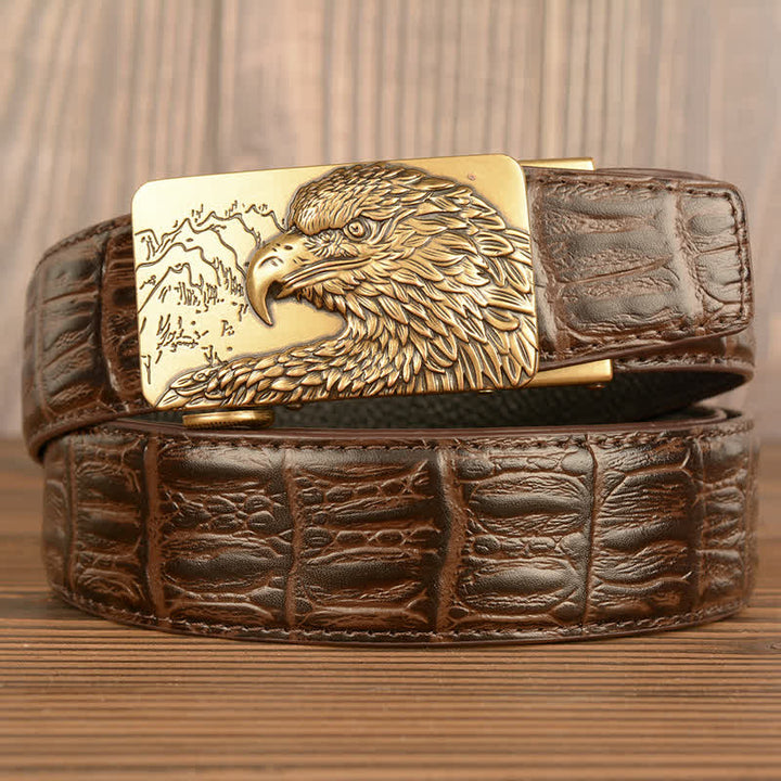 Cintura da uomo in pelle con motivo coccodrillo e aquila intagliata - Oro e marrone - Pelle di coccodrillo - 44 - image 20
