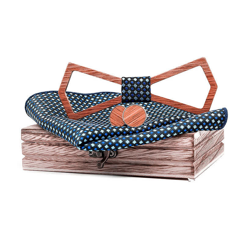 Set di 3 papillon in legno con design intagliato cavo da uomo - Griglia blu - image 12
