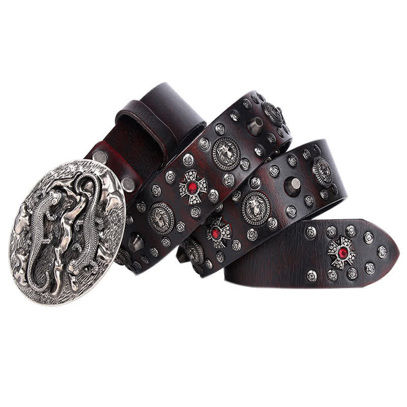 Cintura in pelle con ornamento leone rubino borchiato da uomo
