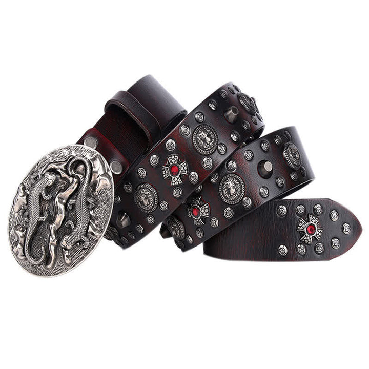 Cintura in pelle con ornamento leone rubino borchiato da uomo