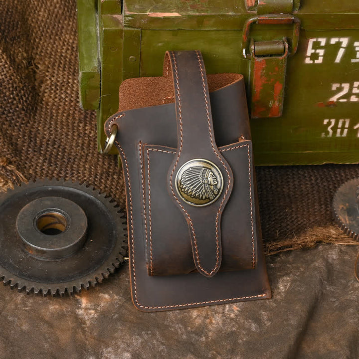 Fondina per telefono con bottone magnetico, borsa da cintura in pelle di cavallo pazzo