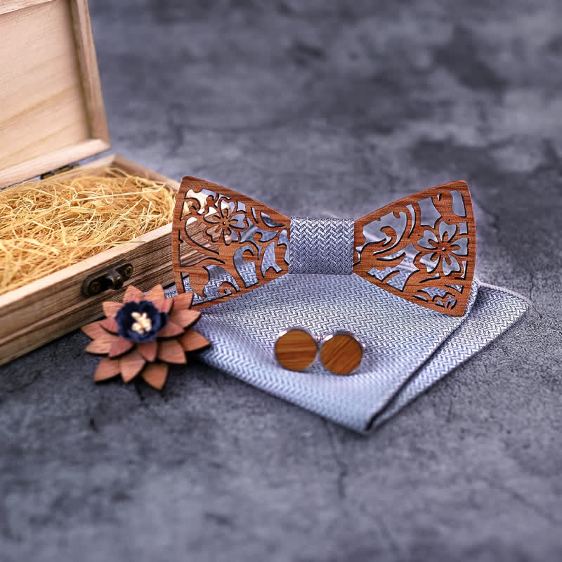 Set di 4 papillon in legno con motivo floreale cavo da uomo - image 5