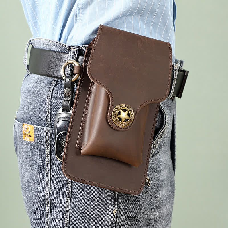 Borsa da cintura per telefono con fibbia magnetica a stella in pelle per esterni - Caffè - image 0