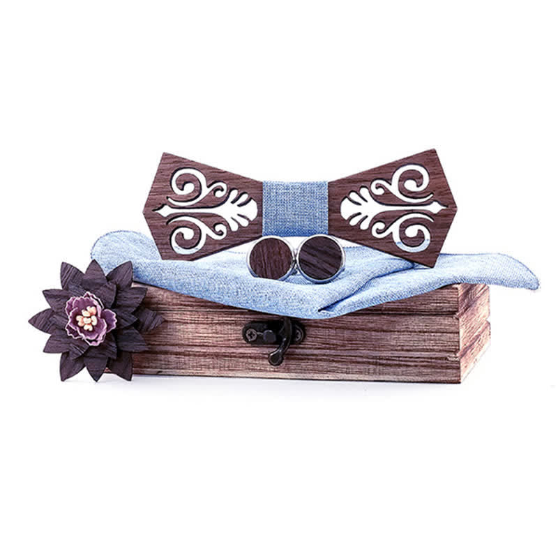 Set di 4 papillon in legno con motivo a fiori cavi da uomo - Azzurro cielo - image 6