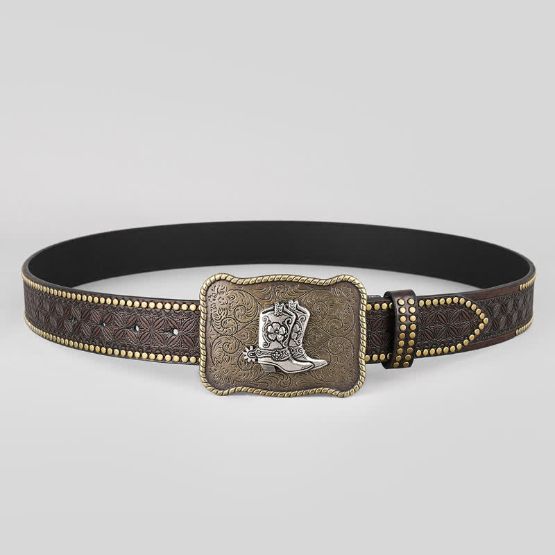 Cintura in pelle con fibbia geometrica da uomo con stivali da cowboy