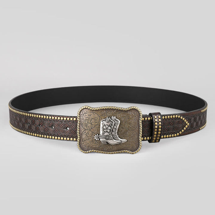 Cintura in pelle con fibbia geometrica da uomo con stivali da cowboy