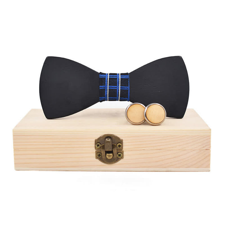 Set di 2 gemelli da uomo in legno nero con papillon - Plaid blu navy - image 11