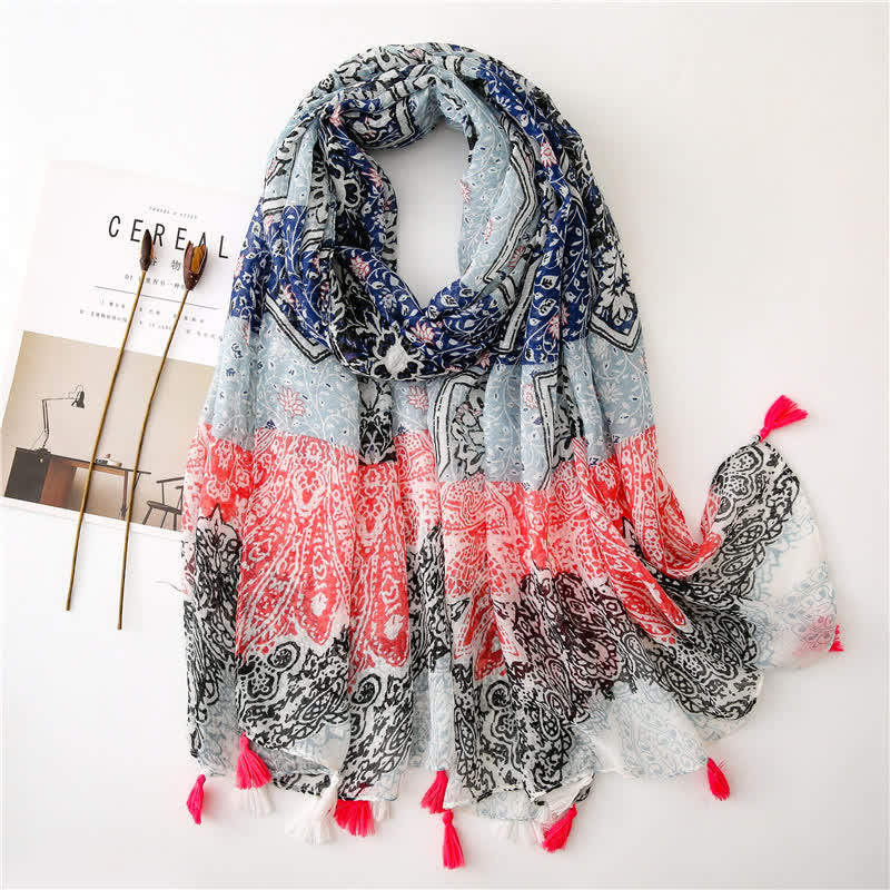 Sciarpa con nappe floreali e stampa bohémien da donna