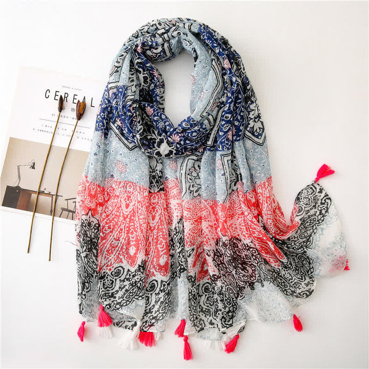 Sciarpa con nappe floreali e stampa bohémien da donna