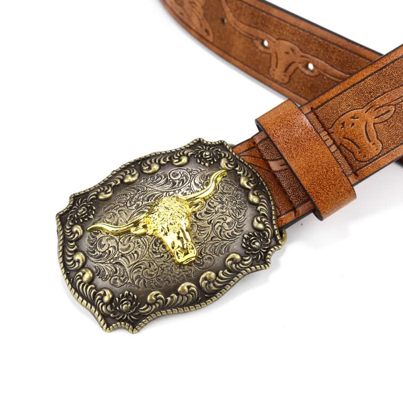 Cintura in pelle con fiore di toro inciso quadrato da uomo