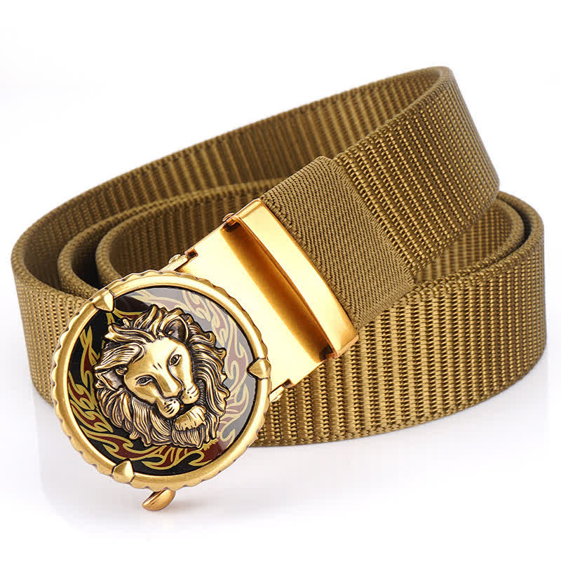 Cintura in nylon da uomo con motivo a testa di leone - Cachi / Oro - 48" - image 0
