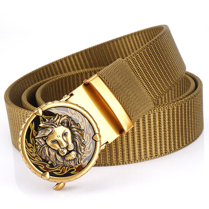 Cintura in nylon da uomo con motivo a testa di leone - Cachi / Oro - 48" - image 0