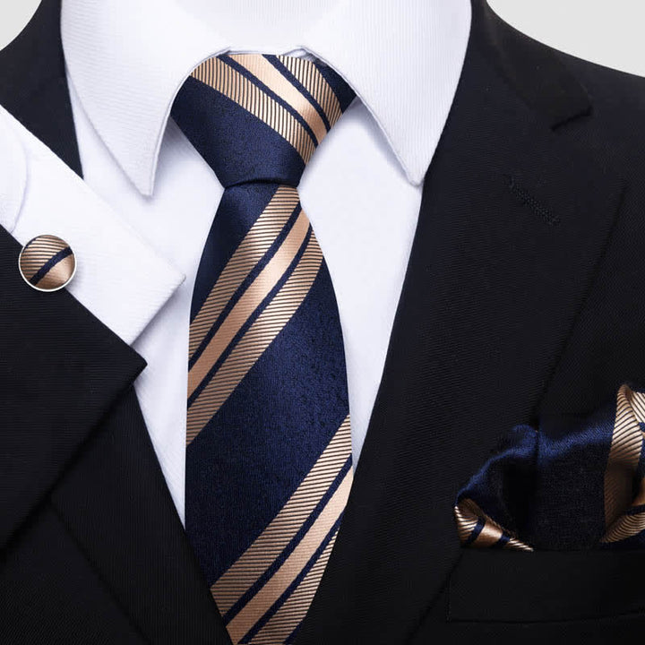 Set di 3 cravatte a righe blu navy e grano da uomo