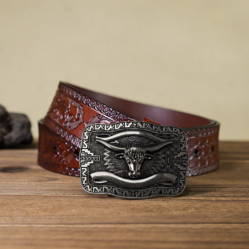 Cintura in pelle fai da te da uomo con fibbia a forma di toro Longhorn quadrato in argento