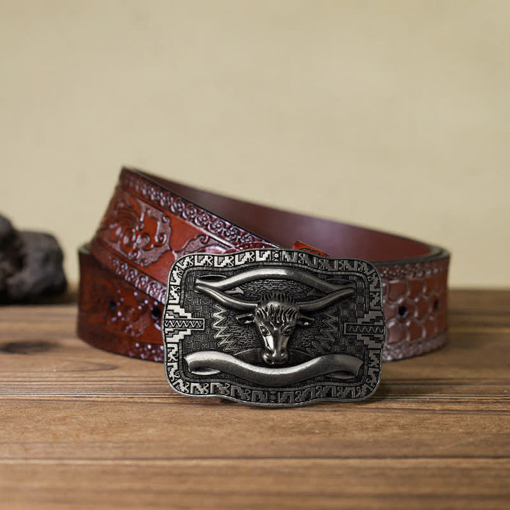 Cintura in pelle fai da te da uomo con fibbia a forma di toro Longhorn quadrato in argento