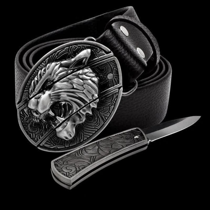 Cintura in pelle da uomo con tigre ruggente e coltello pieghevole