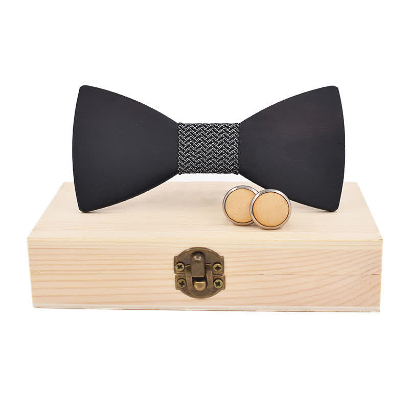 Set di 2 gemelli da uomo in legno nero con papillon - Tessitura nera - image 14