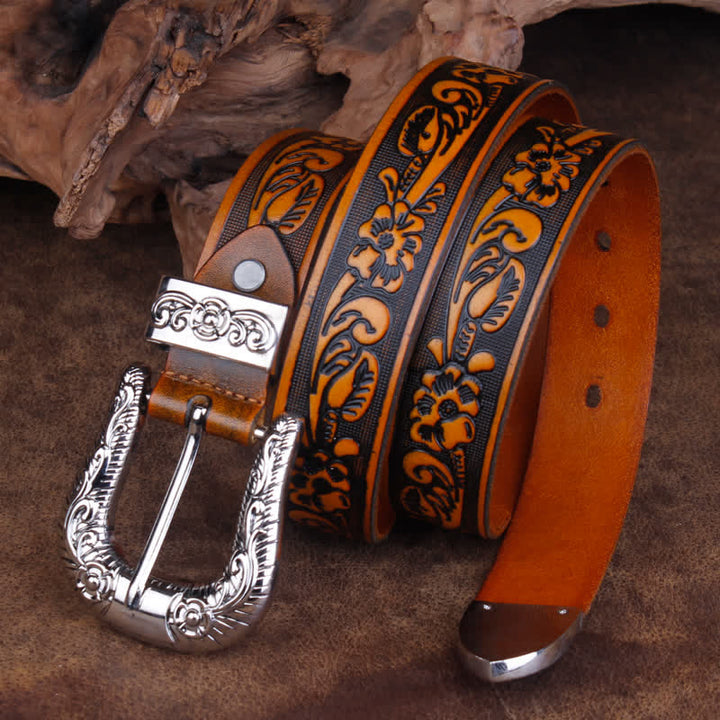 Cintura in pelle con stampa a rose piccole vintage unisex - Marrone-giallastro - 44 - image 9