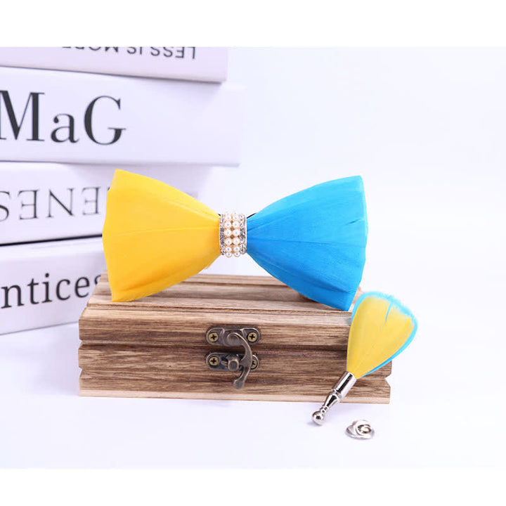 Papillon con piume di perle lucide gialle e blu con spilla da bavero