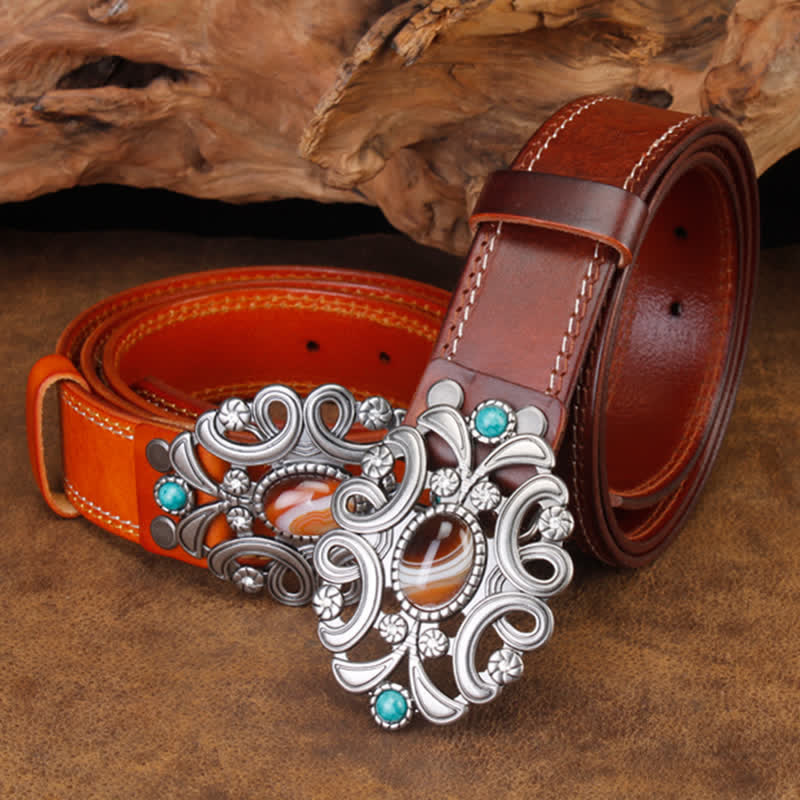 Cintura unisex in pelle con fiore cavo turchese e pietra agata - image 1