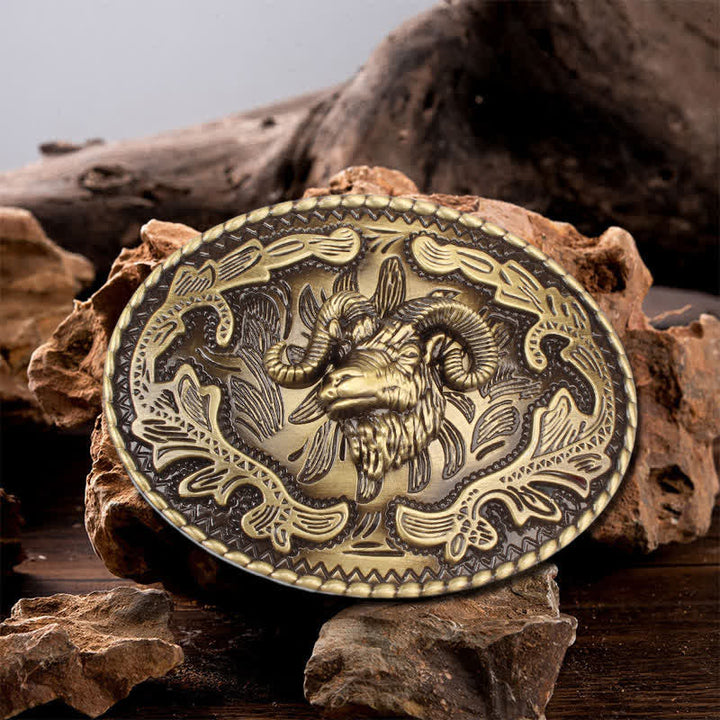 Cintura in pelle con fibbia a forma di testa di capra selvatica in bronzo fai da te da uomo