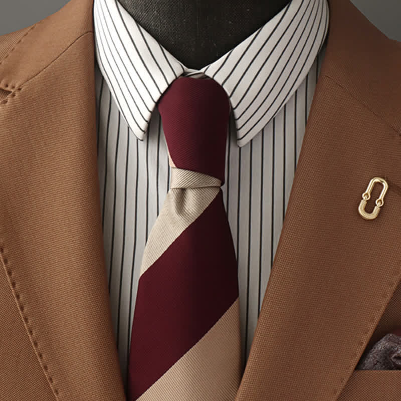Cravatta a righe diagonali beige e bordeaux da uomo - Beige e Borgogna - image 0