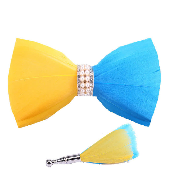 Papillon con piume di perle lucide gialle e blu con spilla da bavero