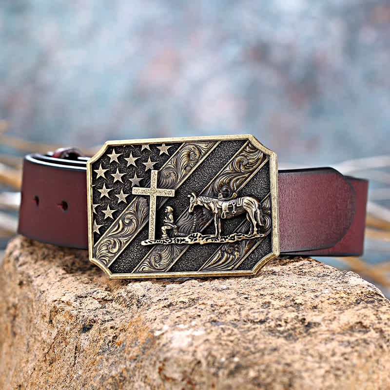Cintura in pelle fai da te da uomo con fibbia a forma di cavallo con croce e bandiera americana