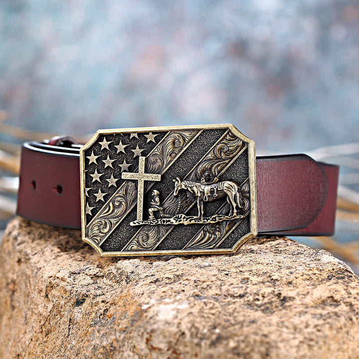 Cintura in pelle fai da te da uomo con fibbia a forma di cavallo con croce e bandiera americana