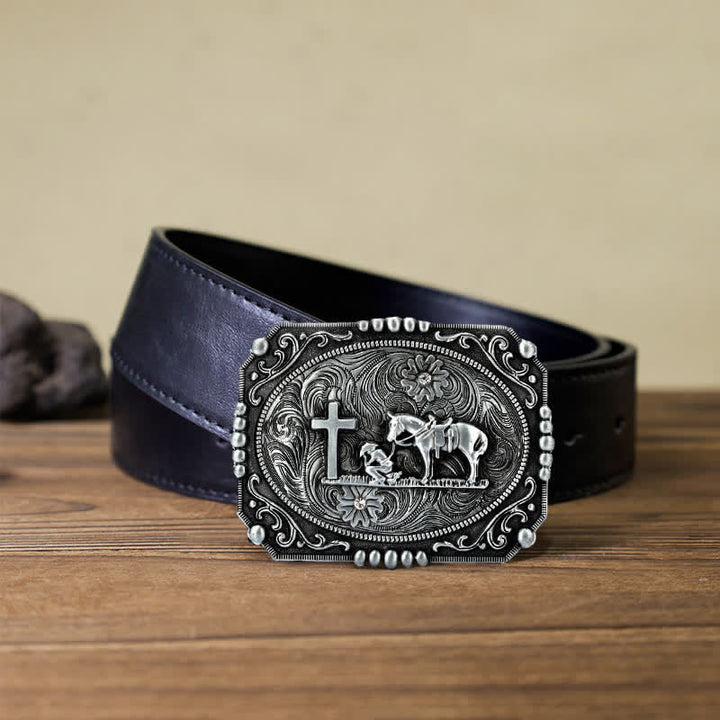 Cintura in pelle fai da te da uomo con fibbia per preghiera inginocchiata a forma di croce di cavallo
