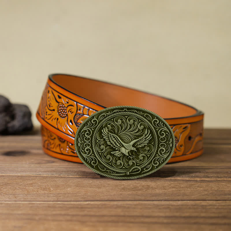 Cintura in pelle con fibbia floreale incisa con aquila volante fai da te da uomo - Bronzo antico - Cintura intagliata arancione (40) - image 23