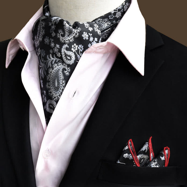 Set da 2 pezzi di fazzoletto da taschino e cravatta con motivo Paisley floreale bianco e nero di lusso