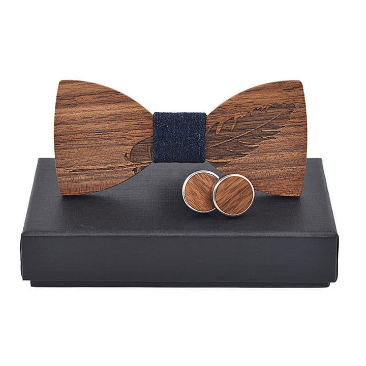 Set di 2 papillon in legno con incisione di piume da uomo