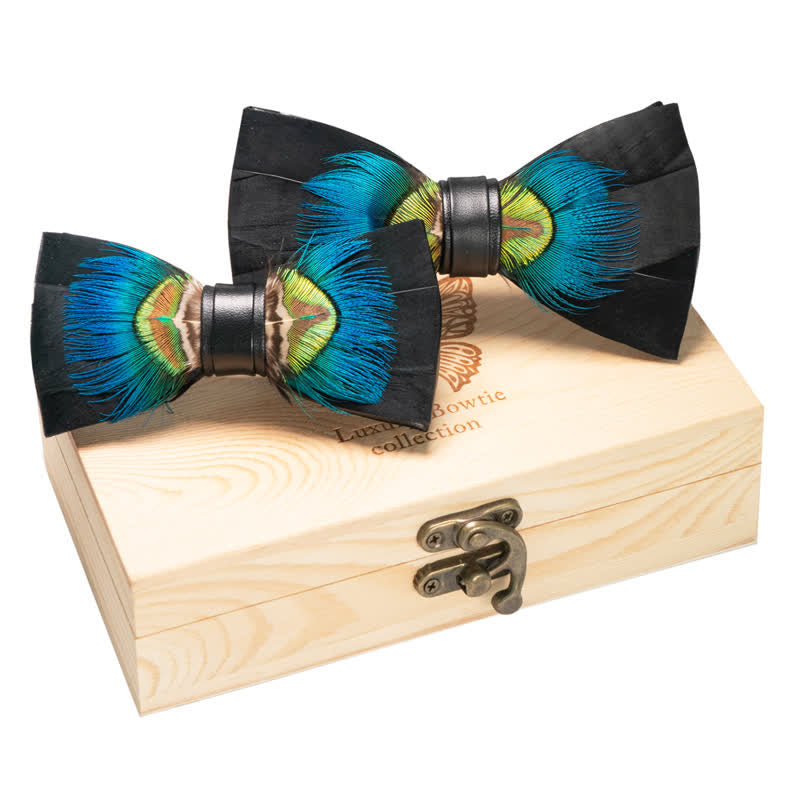 Set di 2 papillon blu e neri per genitori e figli, a forma di fagiano - Blu e nero - image 0