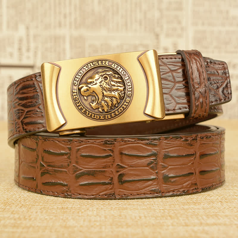Cintura da uomo in pelle con motivo a testa di leone e coccodrillo - Oro e marrone - 46 - image 7