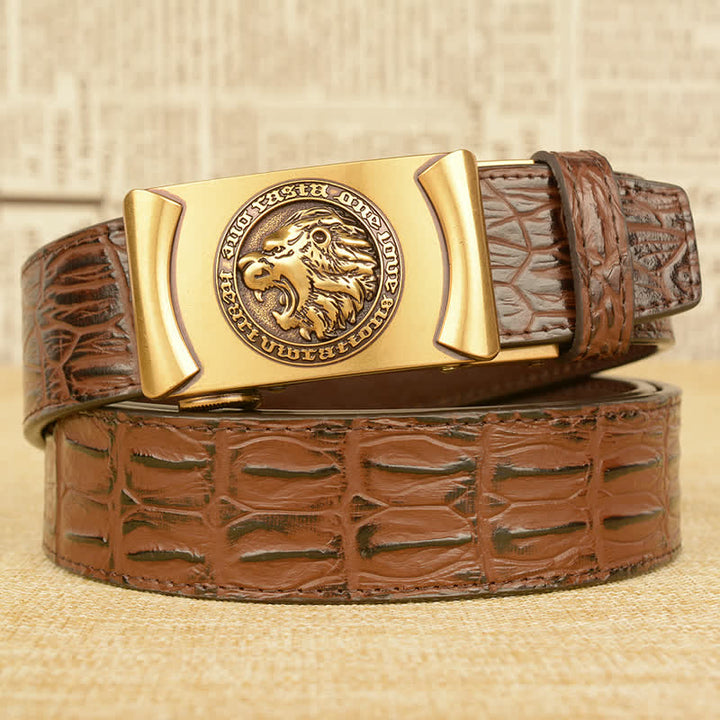 Cintura da uomo in pelle con motivo a testa di leone e coccodrillo - Oro e marrone - 46 - image 7