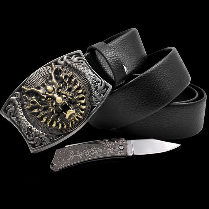 Cintura in pelle Brave Dragon da uomo con coltello pieghevole