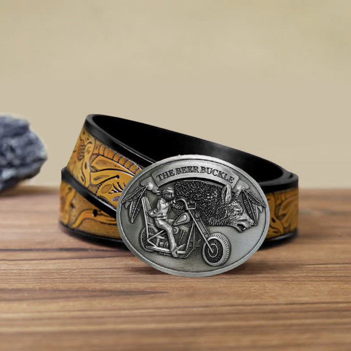 Cintura in pelle con fibbia porta birra creativo fai da te per motocicletta da uomo - Argento - Cintura marrone sabbia (40) - image 28