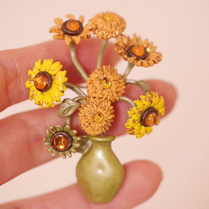 Spilla da donna a forma di vaso di girasole in smalto