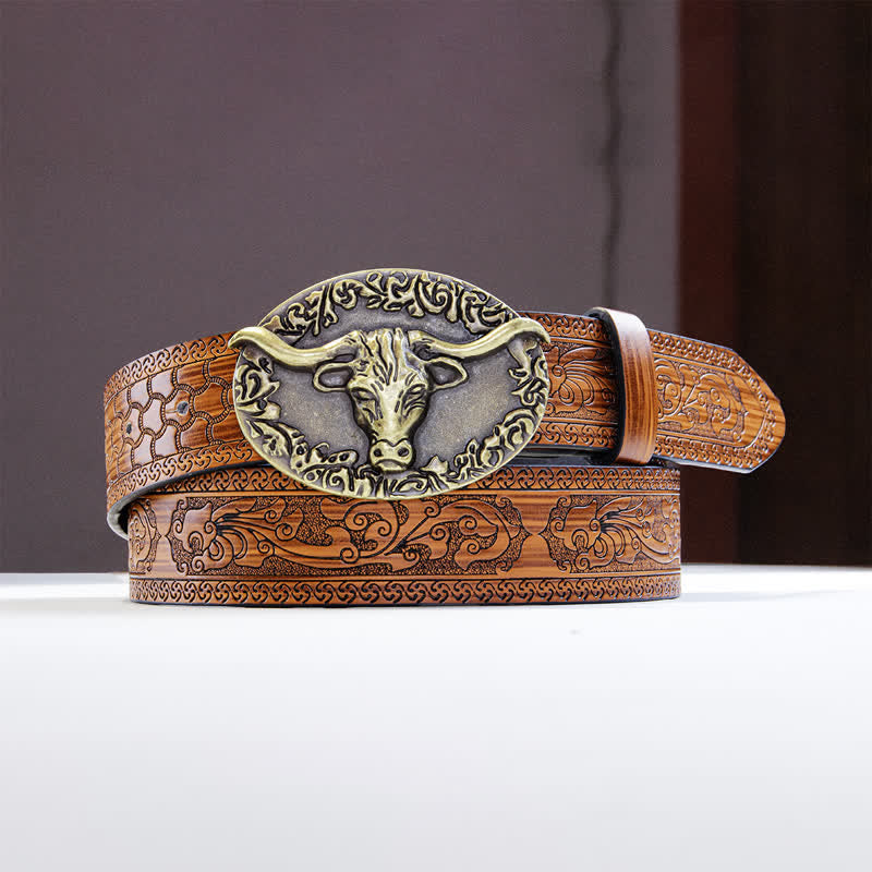 Cintura da uomo in pelle goffrata marrone con testa di toro vintage