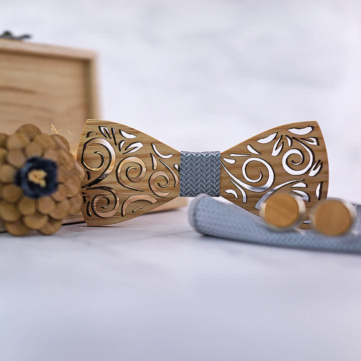 Set di 4 papillon in legno con motivo a foglia cava da uomo