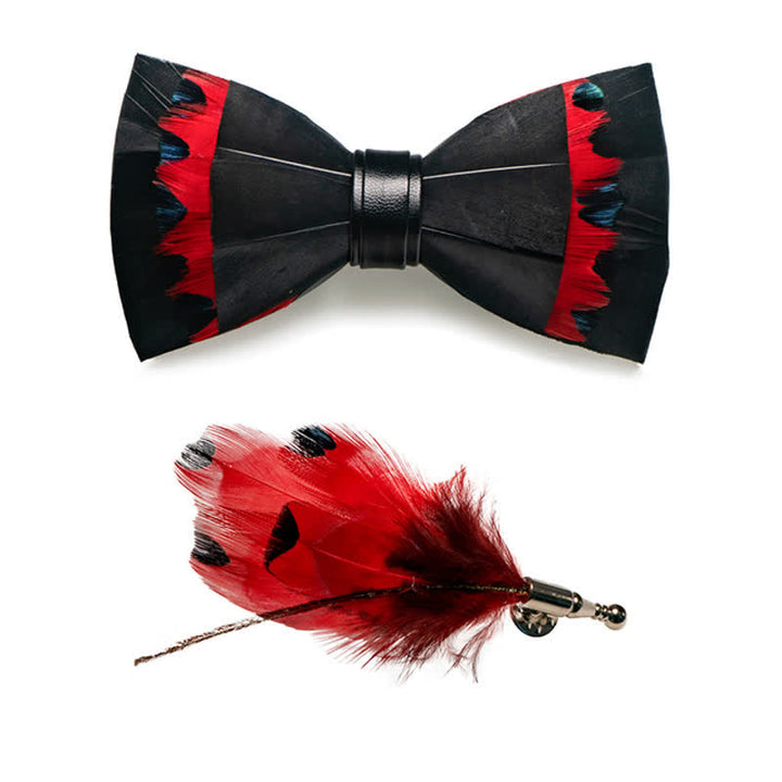 Papillon con piume di cigno nere e rosse con spilla da bavero - image 3