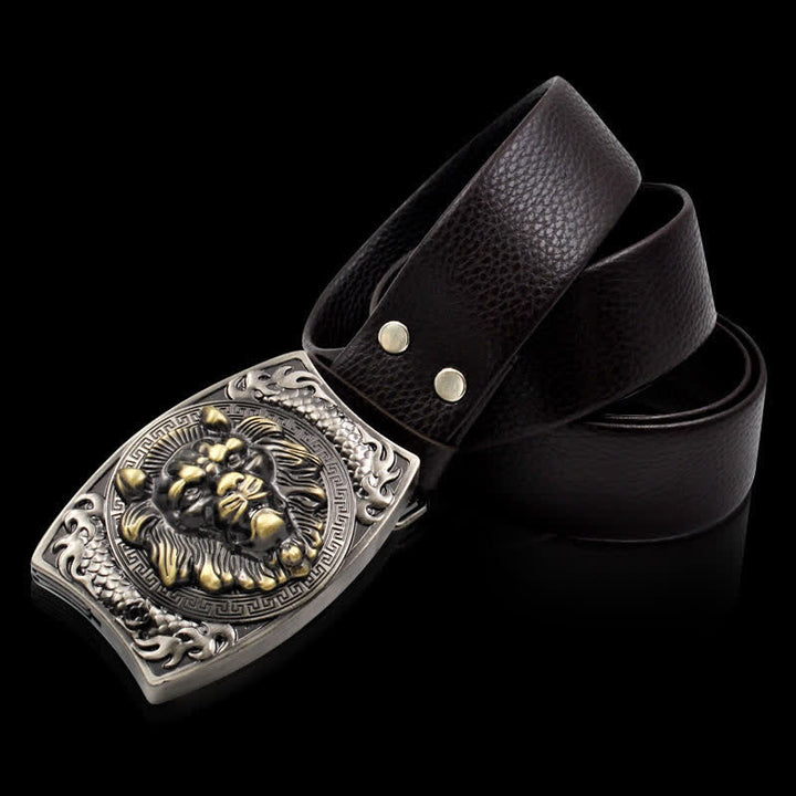 Cintura in pelle da uomo con stemma del leone e coltello pieghevole
