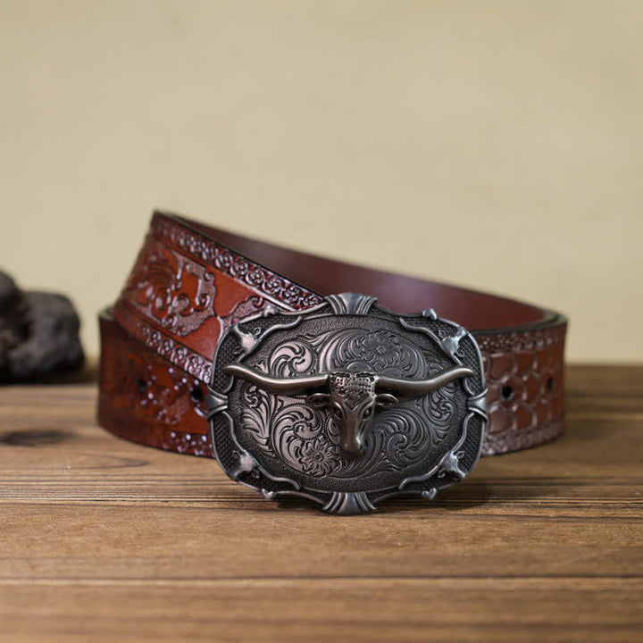Cintura in pelle con fibbia quadrata a forma di toro Longhorn in argento fai da te da uomo