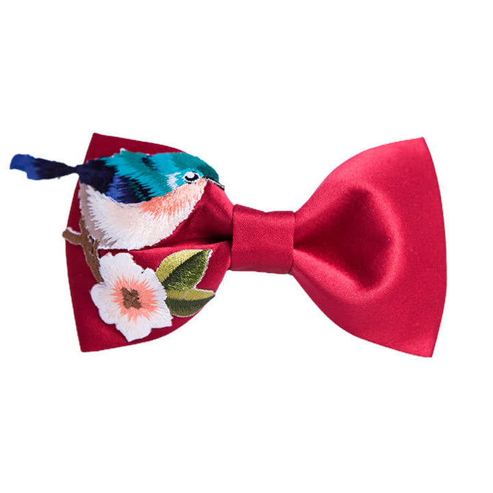 Papillon da uomo con fiore e uccello ricamato