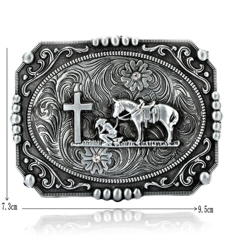 Cintura in pelle fai da te da uomo con fibbia per preghiera inginocchiata a forma di croce di cavallo