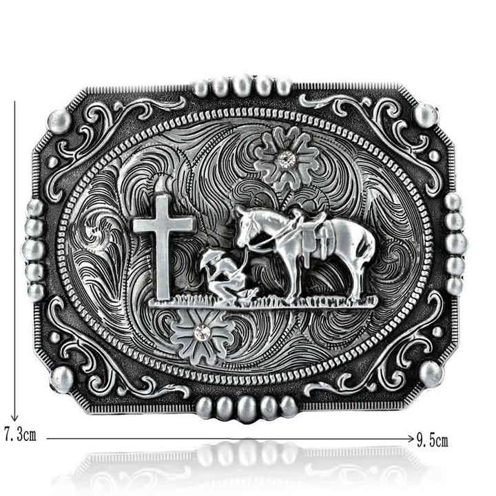 Cintura in pelle fai da te da uomo con fibbia per preghiera inginocchiata a forma di croce di cavallo