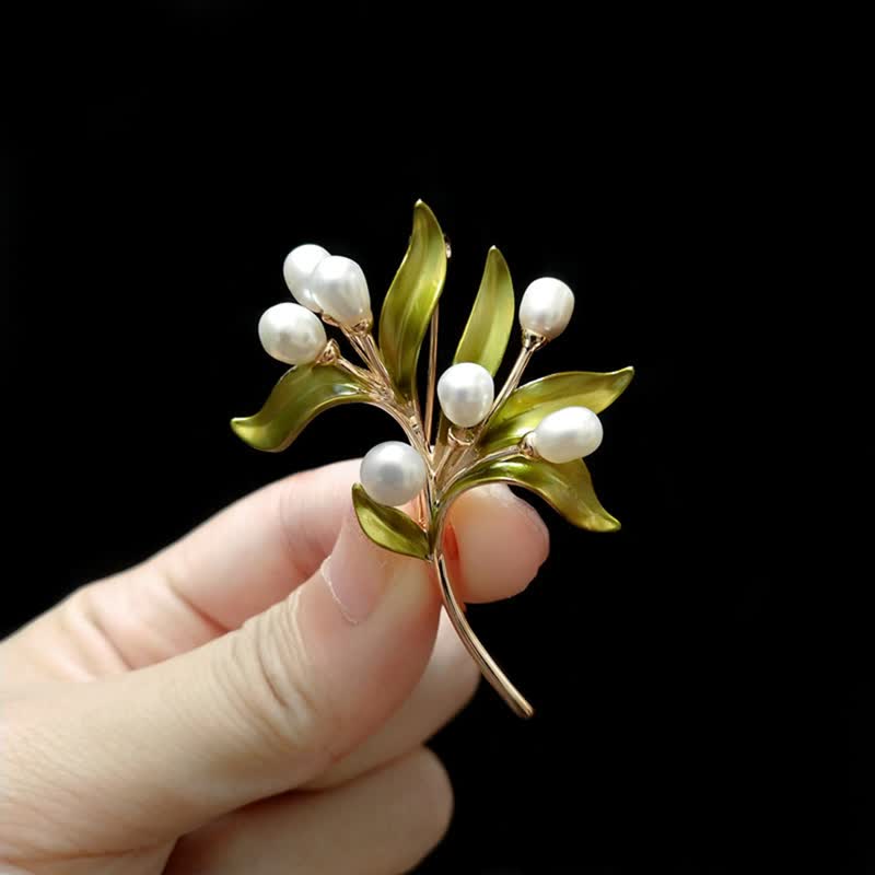 Spilla da donna con ramo d'ulivo in perle naturali - Oliva - image 0