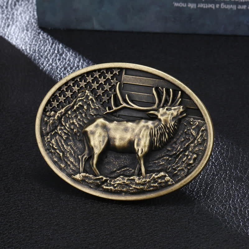 Cintura in pelle fai da te con fibbia della bandiera americana a forma di cervo e alce da uomo - Bronzo antico - Senza cintura - image 3