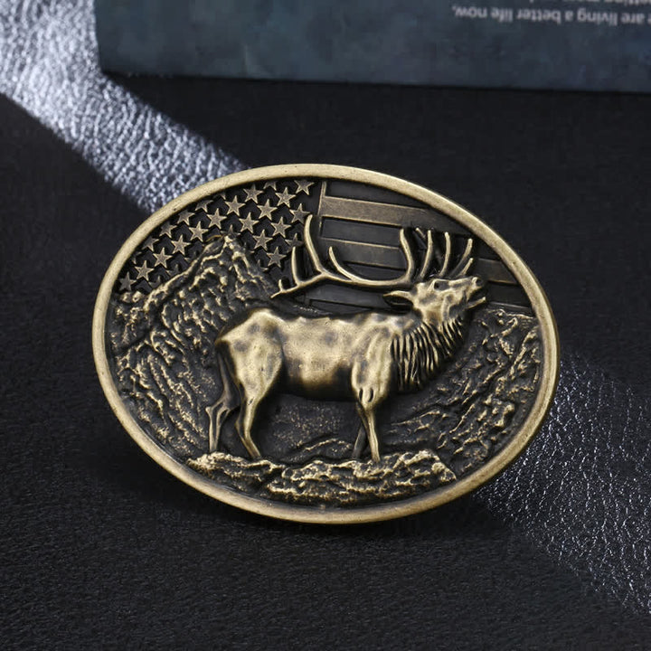 Cintura in pelle fai da te con fibbia della bandiera americana a forma di cervo e alce da uomo - Bronzo antico - Senza cintura - image 3